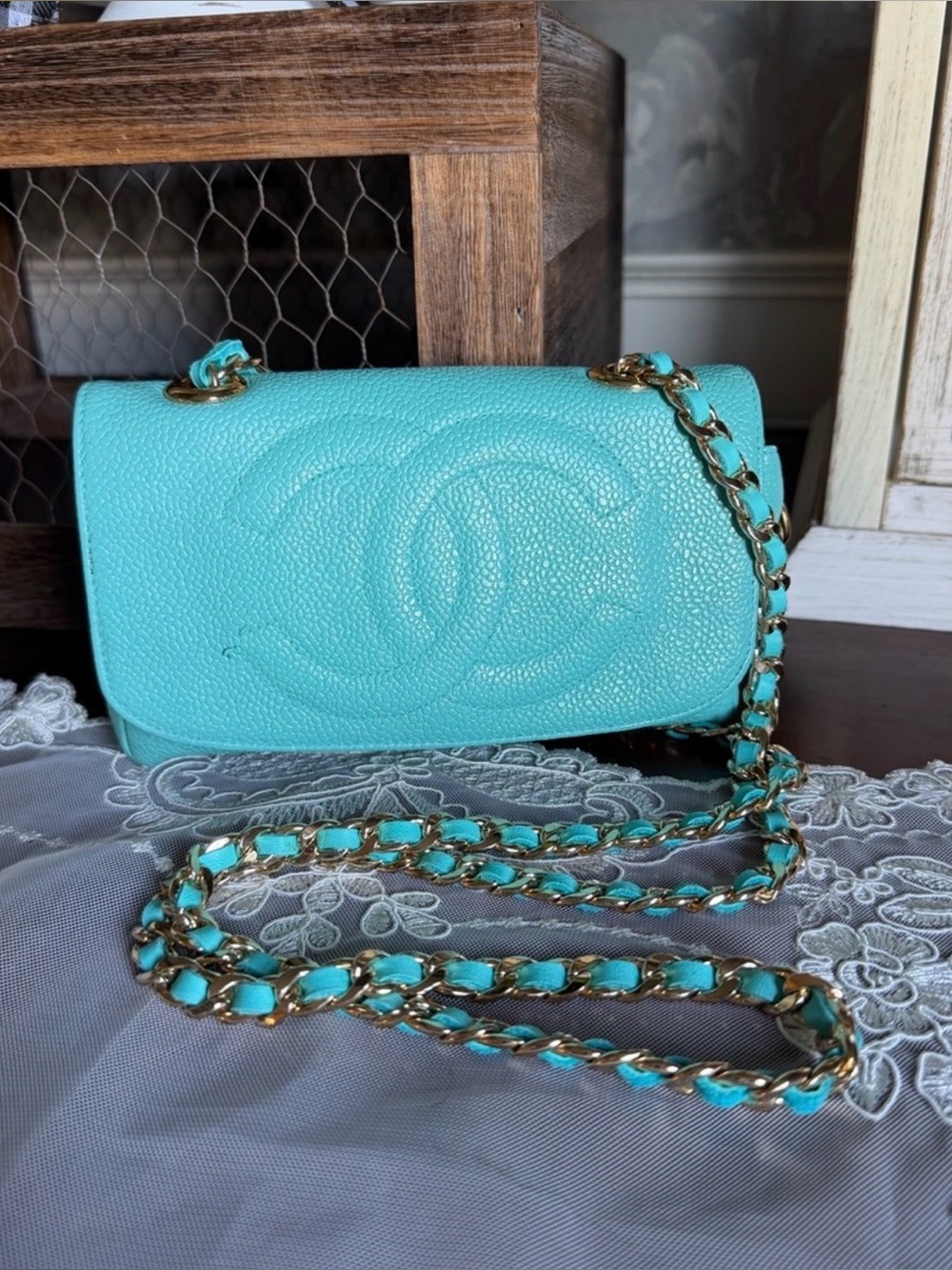 CHANEL Turquoise Pebbled Caviar Leather Mini Flap Bag Crossbody Chain